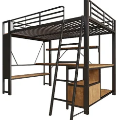 Lit mezzanine 140x200cm - structure en fer - bureau avec étagère - LED - port USB - noir (matelas non inclus)