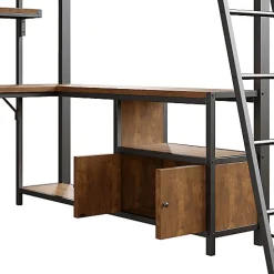 Lit mezzanine 140x200cm - structure en fer - bureau avec étagère - LED - port USB - noir (matelas non inclus)