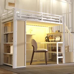 Lit mezzanine 90x200cm - structure en fer - bureau - rangements - LED - escalier - blanc (matelas non inclus)