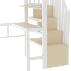 Lit mezzanine 90x200cm - structure en fer - bureau - rangements - LED - escalier - blanc (matelas non inclus)