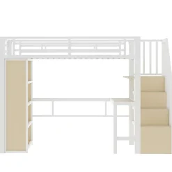 Lit mezzanine 90x200cm - structure en fer - bureau - rangements - LED - escalier - blanc (matelas non inclus)