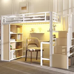 Lit mezzanine 90x200cm - structure en fer - bureau - rangements - LED - escalier - blanc (matelas non inclus)