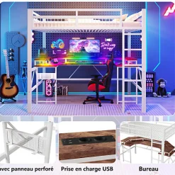 Lit mezzanine 140x200cm - structure en fer - bureau intégré - LED - USB et prise - blanc (matelas non inclus)