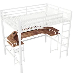 Lit mezzanine 140x200cm - structure en fer - bureau intégré - LED - USB et prise - blanc (matelas non inclus)