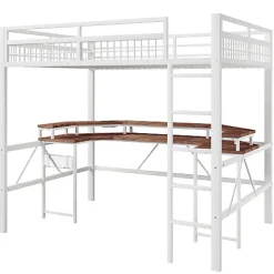 Lit mezzanine 140x200cm - structure en fer - bureau intégré - LED - USB et prise - blanc (matelas non inclus)
