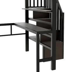 Lit mezzanine 140x200cm - structure en fer - bureau - rangements - LED - escalier - noir (matelas non inclus)