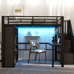 Lit mezzanine 140x200cm - structure en fer - bureau - rangements - LED - escalier - noir (matelas non inclus)
