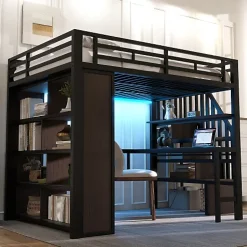 Lit mezzanine 140x200cm - structure en fer - bureau - rangements - LED - escalier - noir (matelas non inclus)