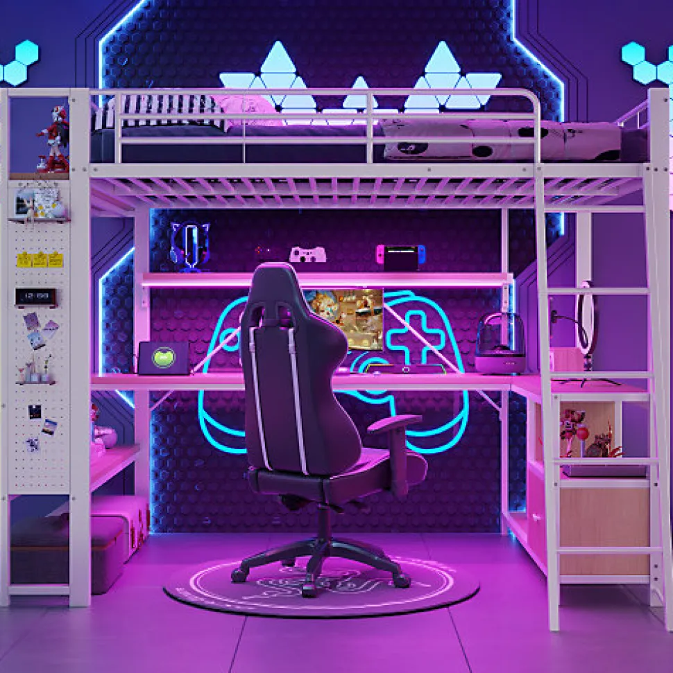 Lit mezzanine 140x200cm - structure en fer - bureau avec étagère - LED - port USB - blanc (matelas non inclus)