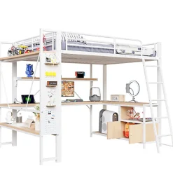 Lit mezzanine 140x200cm - structure en fer - bureau avec étagère - LED - port USB - blanc (matelas non inclus)