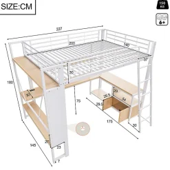 Lit mezzanine 140x200cm - structure en fer - bureau avec étagère - LED - port USB - blanc (matelas non inclus)