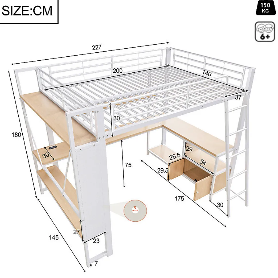 Lit mezzanine 140x200cm - structure en fer - bureau avec étagère - LED - port USB - blanc (matelas non inclus)