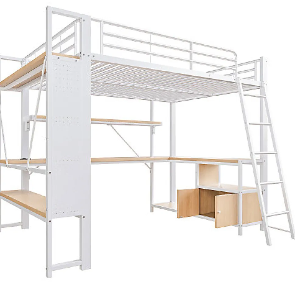 Lit mezzanine 140x200cm - structure en fer - bureau avec étagère - LED - port USB - blanc (matelas non inclus)