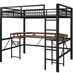 Lit mezzanine 140x200cm - structure en fer - bureau intégré - LED - USB et prise - noir (matelas non inclus)