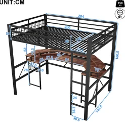 Lit mezzanine 140x200cm - structure en fer - bureau intégré - LED - USB et prise - noir (matelas non inclus)