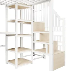 Lit mezzanine 90x200cm - structure en fer - échelle de rangement - bureau - LED - USB - blanc (matelas non inclus)