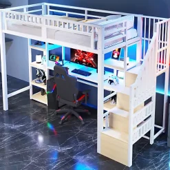 Lit mezzanine 90x200cm - structure en fer - échelle de rangement - bureau - LED - USB - blanc (matelas non inclus)