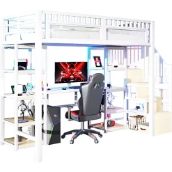 Lit mezzanine 90x200cm - structure en fer - échelle de rangement - bureau - LED - USB - blanc (matelas non inclus)