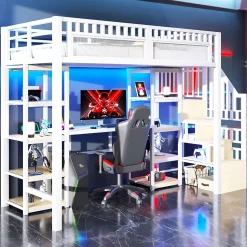 Lit mezzanine 90x200cm - structure en fer - échelle de rangement - bureau - LED - USB - blanc (matelas non inclus)