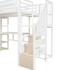 Lit mezzanine 90x200cm - structure en fer - échelle de rangement - bureau - LED - USB - blanc (matelas non inclus)