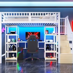 Lit mezzanine 90x200cm - structure en fer - échelle de rangement - bureau - LED - USB - blanc (matelas non inclus)