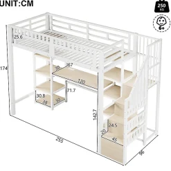 Lit mezzanine 90x200cm - structure en fer - échelle de rangement - bureau - LED - USB - blanc (matelas non inclus)
