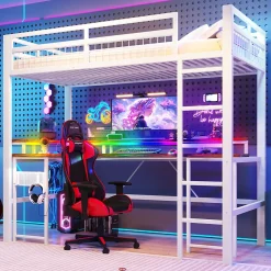 Lit mezzanine 90x200cm - structure en fer - bureau intégré - LED - USB et prise - blanc (matelas non inclus)