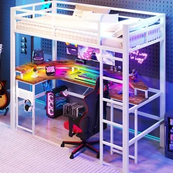 Lit mezzanine 90x200cm - structure en fer - bureau intégré - LED - USB et prise - blanc (matelas non inclus)