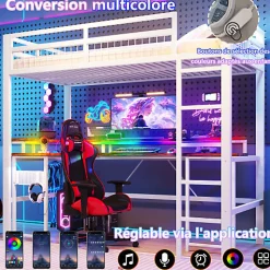 Lit mezzanine 90x200cm - structure en fer - bureau intégré - LED - USB et prise - blanc (matelas non inclus)