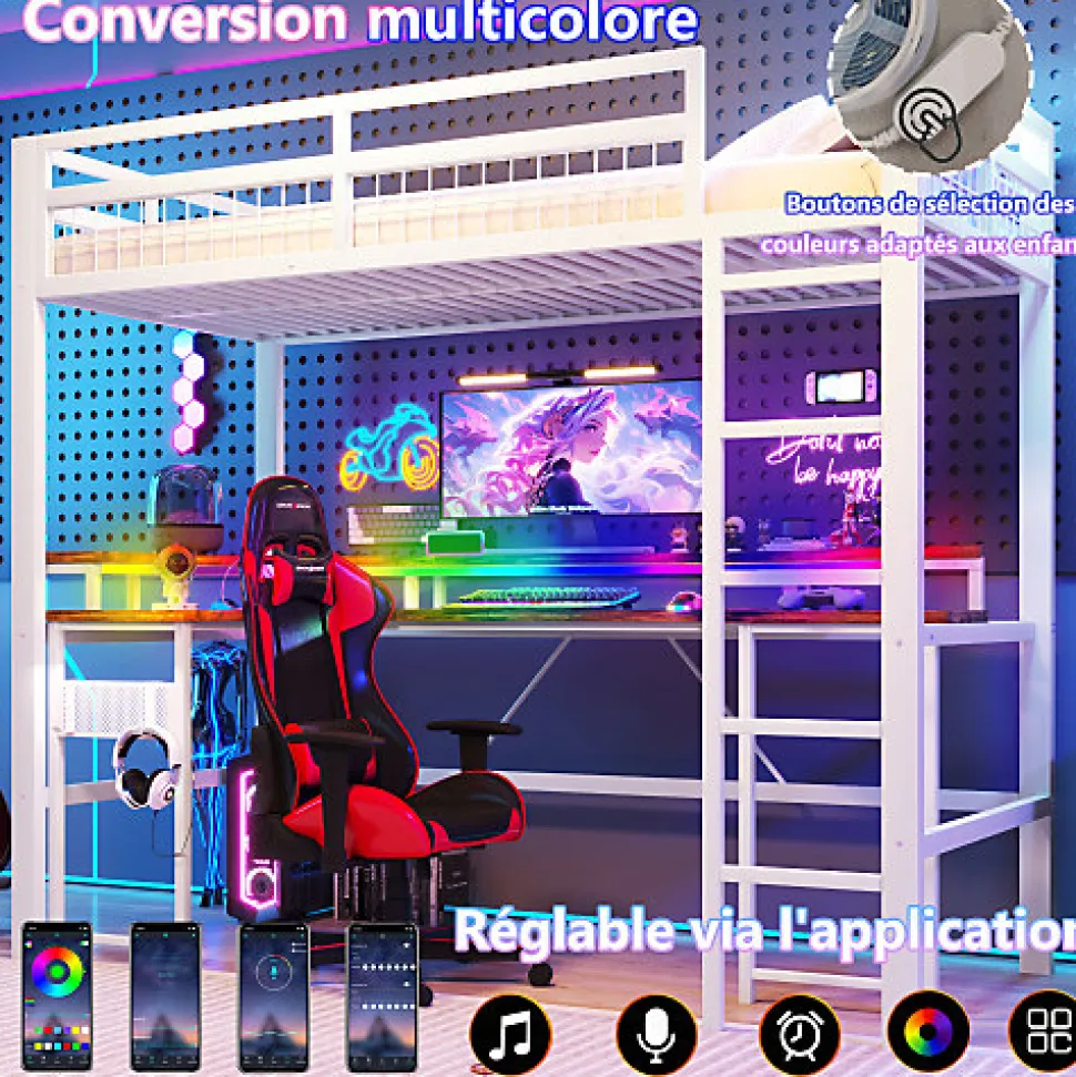 Lit mezzanine 90x200cm - structure en fer - bureau intégré - LED - USB et prise - blanc (matelas non inclus)