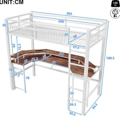 Lit mezzanine 90x200cm - structure en fer - bureau intégré - LED - USB et prise - blanc (matelas non inclus)