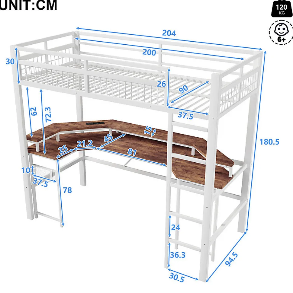 Lit mezzanine 90x200cm - structure en fer - bureau intégré - LED - USB et prise - blanc (matelas non inclus)