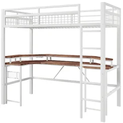 Lit mezzanine 90x200cm - structure en fer - bureau intégré - LED - USB et prise - blanc (matelas non inclus)