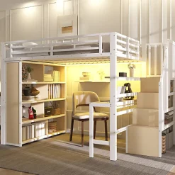 Lit mezzanine 140x200cm - structure en fer - bureau - rangements - LED - escalier - blanc (matelas non inclus)