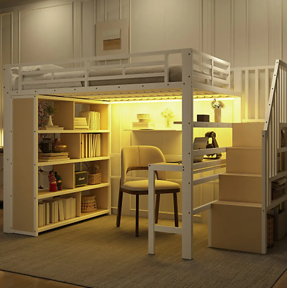 Lit mezzanine 140x200cm - structure en fer - bureau - rangements - LED - escalier - blanc (matelas non inclus)