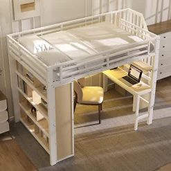 Lit mezzanine 140x200cm - structure en fer - bureau - rangements - LED - escalier - blanc (matelas non inclus)