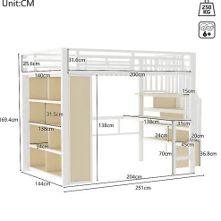 Lit mezzanine 140x200cm - structure en fer - bureau - rangements - LED - escalier - blanc (matelas non inclus)