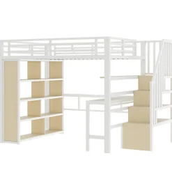 Lit mezzanine 140x200cm - structure en fer - bureau - rangements - LED - escalier - blanc (matelas non inclus)