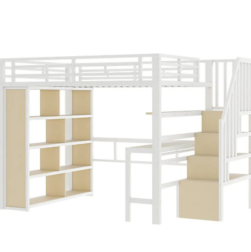 Lit mezzanine 140x200cm - structure en fer - bureau - rangements - LED - escalier - blanc (matelas non inclus)