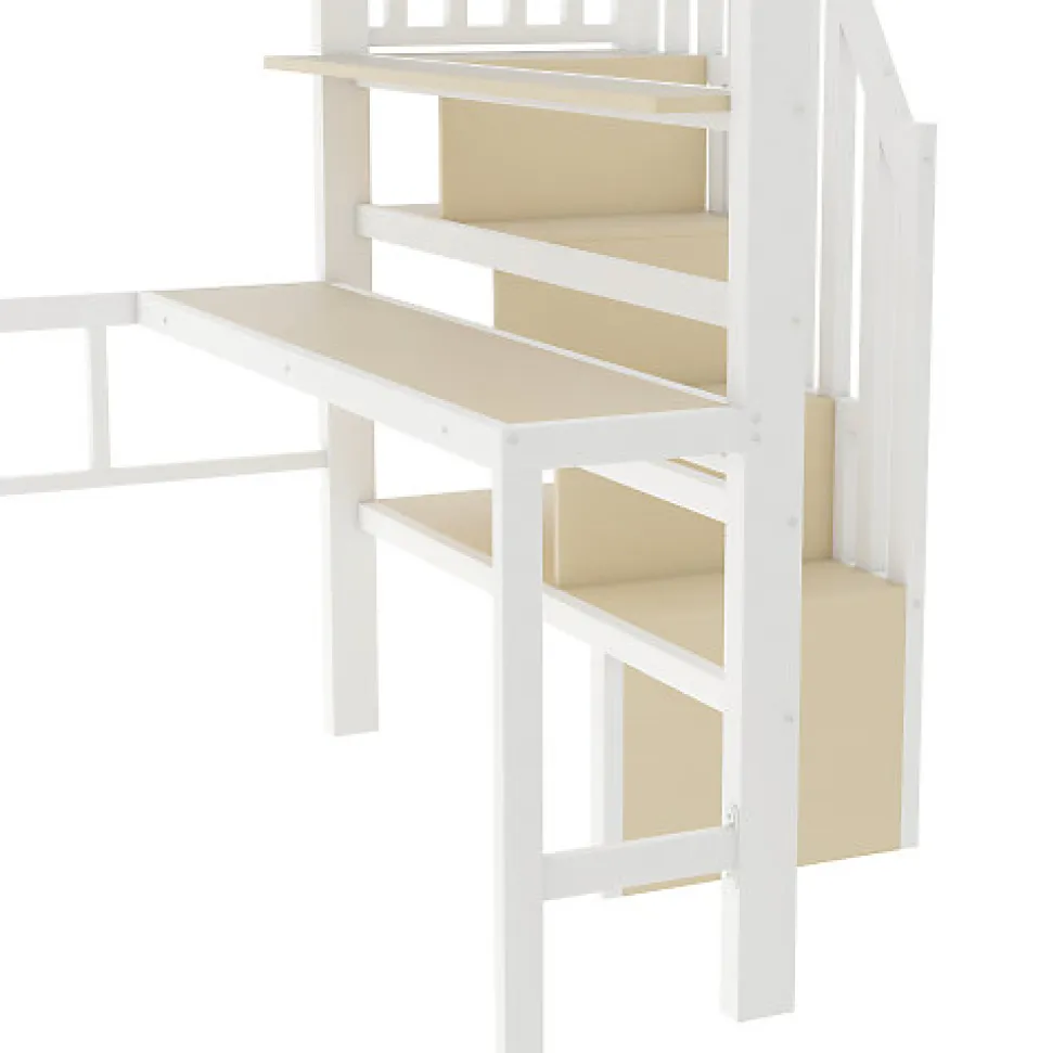 Lit mezzanine 140x200cm - structure en fer - bureau - rangements - LED - escalier - blanc (matelas non inclus)
