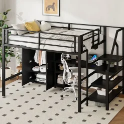 Lit Mezzanine 140X200Cm Armoire Bureau Noir Blackcolors