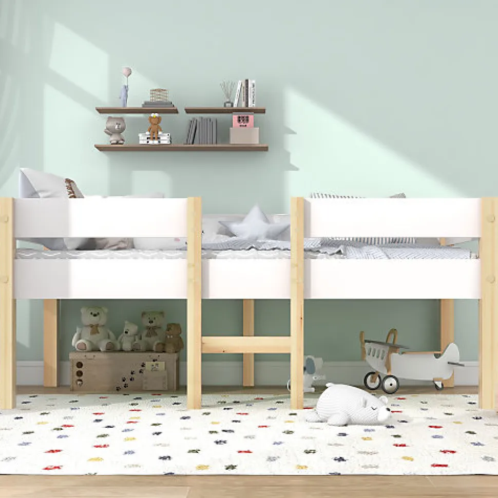 Lit mezzanine 90x200cm avec barrières de sécurité - en bois de pin massif - Blanc