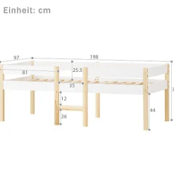 Lit mezzanine 90x190cm avec barrières de sécurité - en bois de pin massif - Blanc
