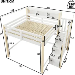 Lit mezzanine 140x200cm avec LED - avec échelle de rangement - compartiments de rangement - Blanc + Naturel (sans matelas)