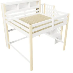 Lit mezzanine 140x200cm avec LED - avec échelle de rangement - compartiments de rangement - Blanc + Naturel (sans matelas)