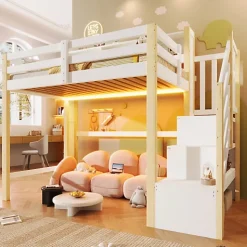 Lit mezzanine 90x200cm avec LED - avec échelle de rangement - compartiments de rangement - Blanc + Naturel (sans matelas)