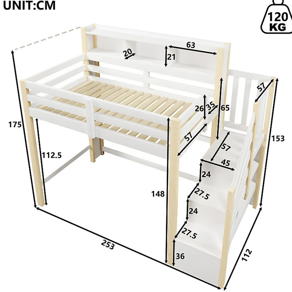 Lit mezzanine 90x200cm avec LED - avec échelle de rangement - compartiments de rangement - Blanc + Naturel (sans matelas)