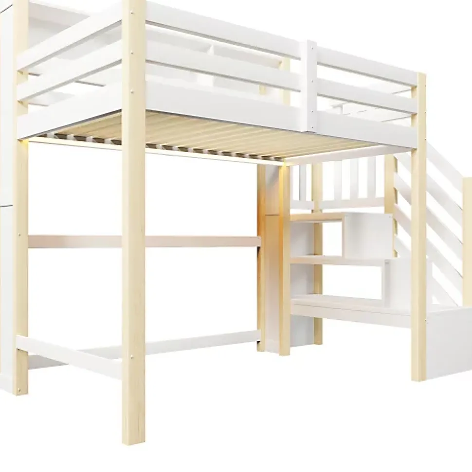 Lit mezzanine 90x200cm avec LED - avec échelle de rangement - compartiments de rangement - Blanc + Naturel (sans matelas)