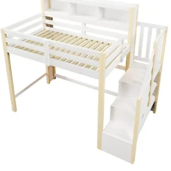 Lit mezzanine 90x200cm avec LED - avec échelle de rangement - compartiments de rangement - Blanc + Naturel (sans matelas)