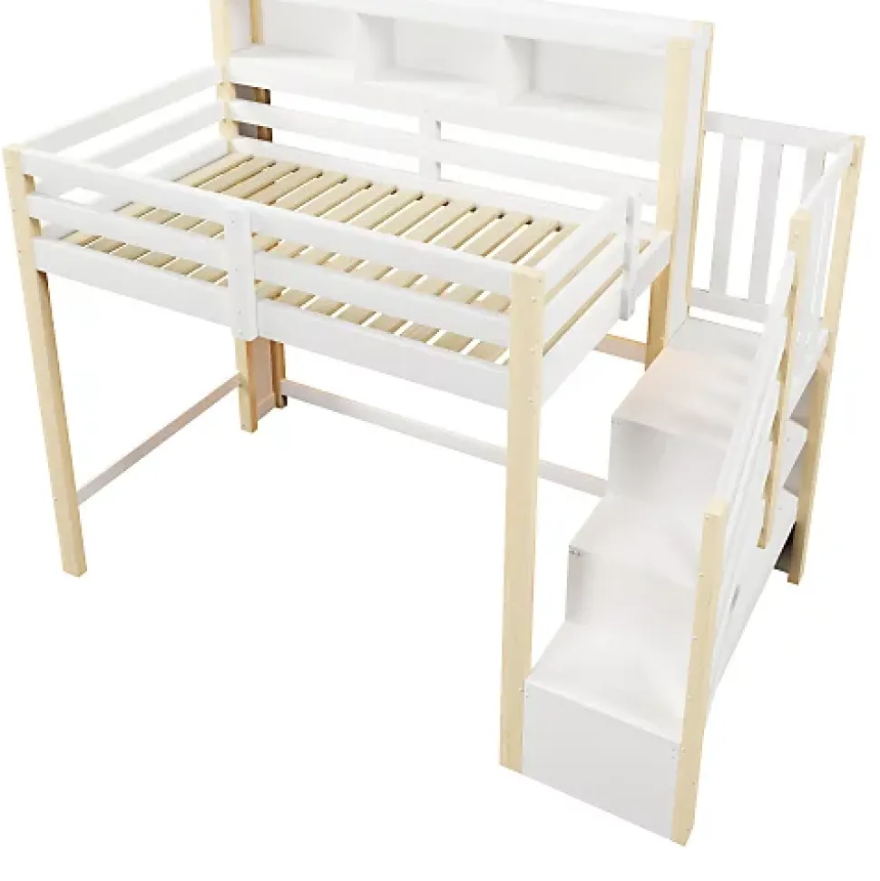 Lit mezzanine 90x200cm avec LED - avec échelle de rangement - compartiments de rangement - Blanc + Naturel (sans matelas)